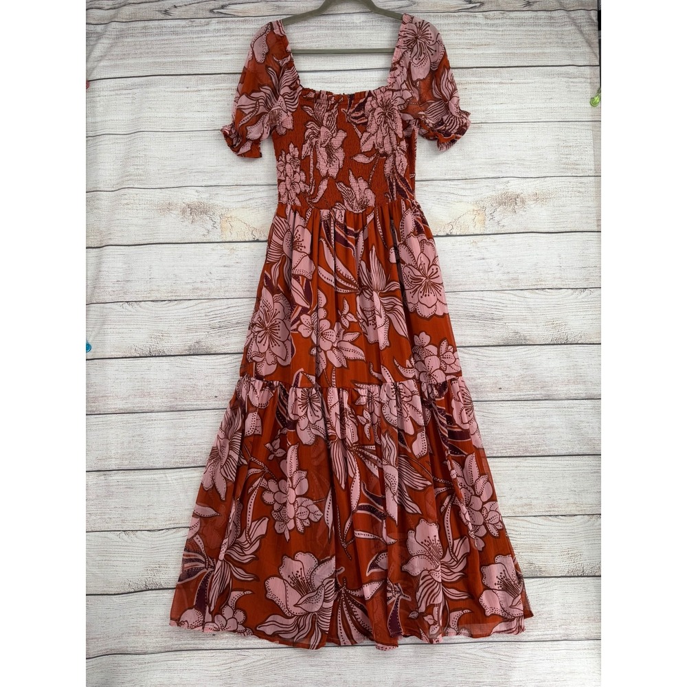 Patrons of Peace Maxi Dress Womens L Rust Pink Floral Smocked Boho J1487F32